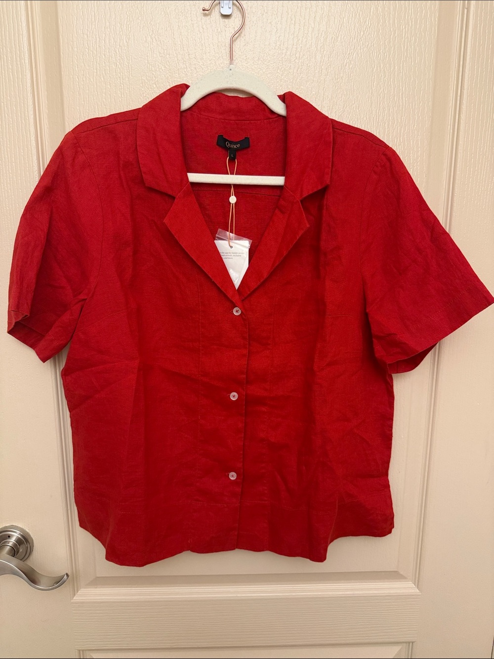 Quince Red Linen Short-Sleeve Button-Front Collared Top